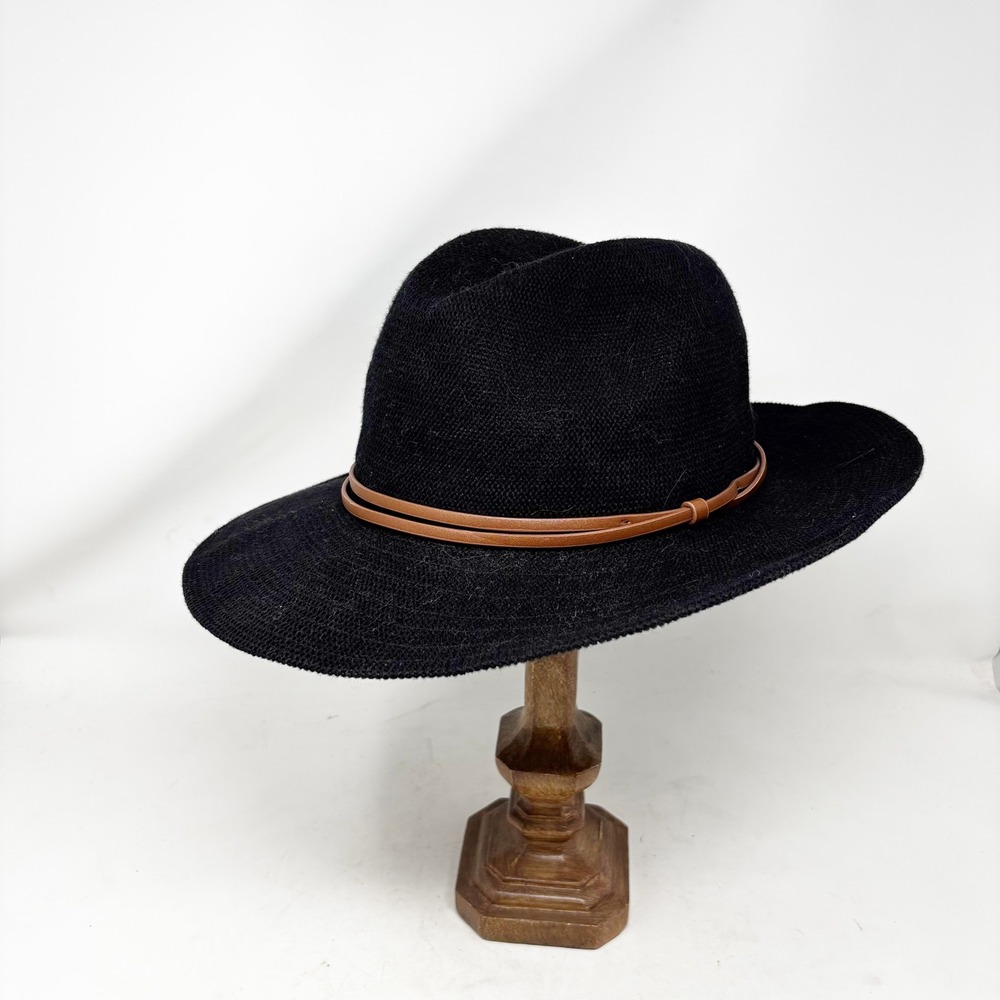 Anthropologie Black Fedora Hat One Size Brown‎ Faux Leather Band Cotton Mesh
